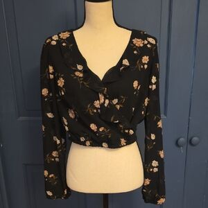 Garage Black Floral Ruffle Wrap Long Sleeve Crop Top Elastic Waist Sz Medium